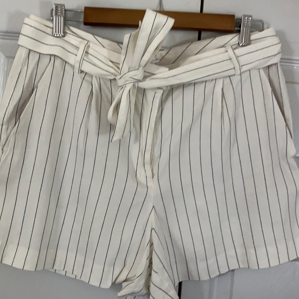 Loft white linen pinstripe shorts with tie belt